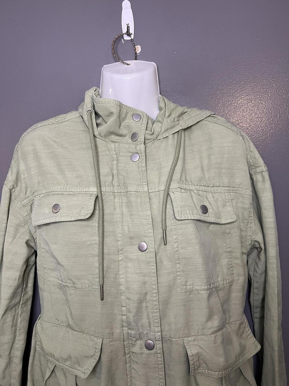 7 For All Mankind Coat Womens XS Green Twill Hooded Parka Zip Snap Pockets